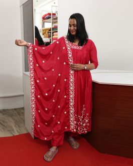 Embroidered Chinon Aline Churidar Rani Pink Full Suit Set – Code 1653