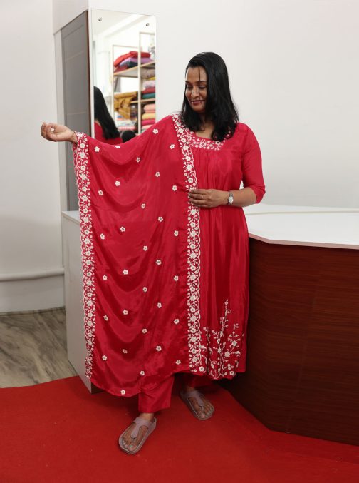 Embroidered Chinon Aline Churidar Rani Pink Full Suit Set – Code 1653