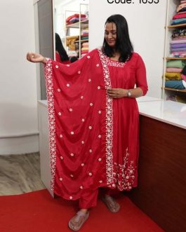 Embroidered Chinon Aline Churidar Rani Pink Full Suit Set – Code 1653