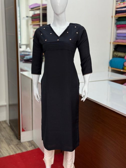 Embroidered N Style Material Black Top with Slit on Both Sides- Code KUN70