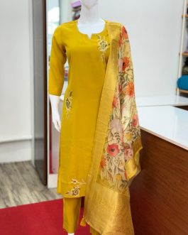 Embroidered Women’s Roman Silk Mango Yellow Slitted Churidar Full Suit Set – Code: 1638