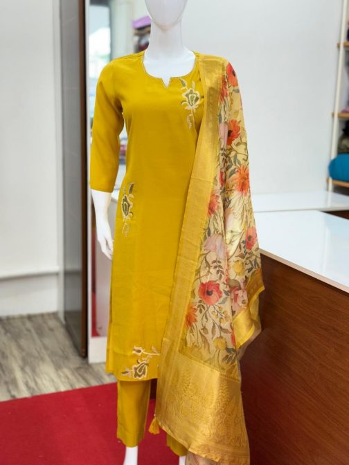 Embroidered Women’s Roman Silk Mango Yellow Slitted Churidar Full Suit Set – Code: 1638