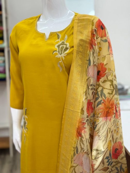 Embroidered Women’s Roman Silk Mango Yellow Slitted Churidar Full Suit Set – Code: 1638 - Image 2
