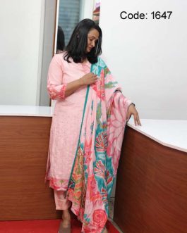 Muslin Silk Light Peach Aline Churidar With Mirror work Full Suit Set – Code: 1647