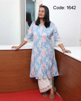 Women's Cotton Co-ord Set, Princess cut kurta and palazzo pant with lace - 1642