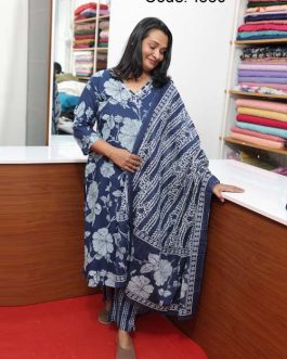Women's Cotton Floral Printed Navy Blue Churidar Full Suit Set with beads and embroidery work on neck-1660
