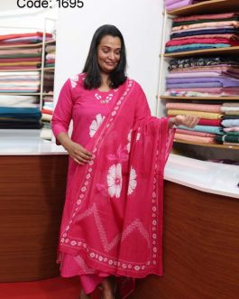 Women's Cotton Floral Printed rani pink Full Suit Churidar Set Beads and sequence work on neck- 1695