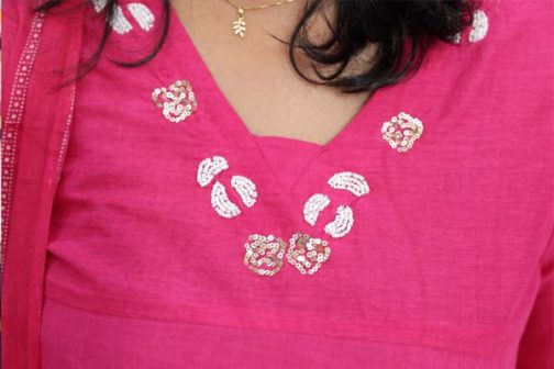 Women's Cotton Floral Printed rani pink Full Suit Churidar Set Beads and sequence work on neck- 1695 - Image 3