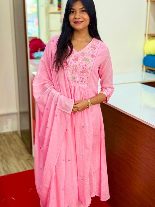 Women's Mulmul Cotton Baby Pink Churidar Full Suit Set with embroidery work Code-1739